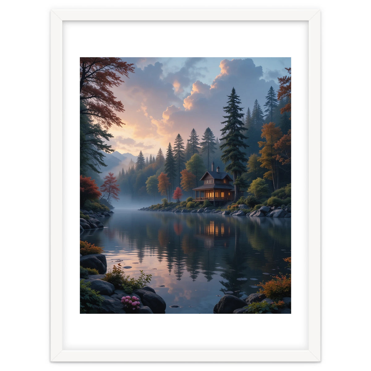 Serene Lakeside Retreat in Autumn Forest