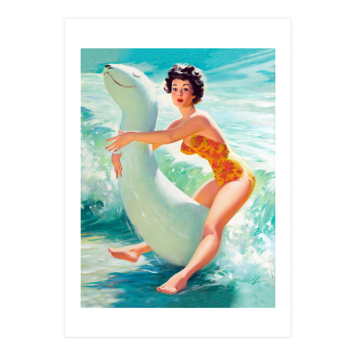 Happy Pinup Girl On The Beach Hugging Her Rubber Toy (Print Only)