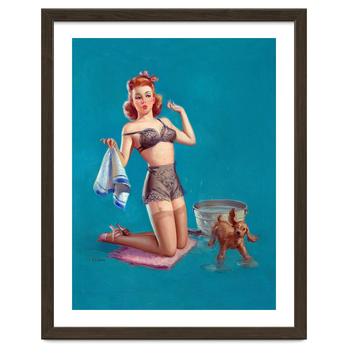 Pinup Girl Bathing A Dog