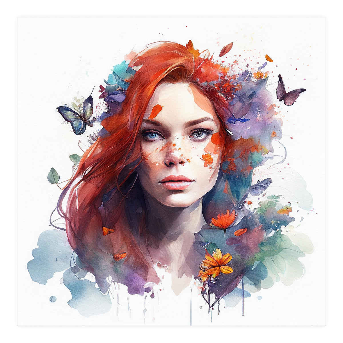 Watercolor Floral Red Hair Woman #3 (Print Only)