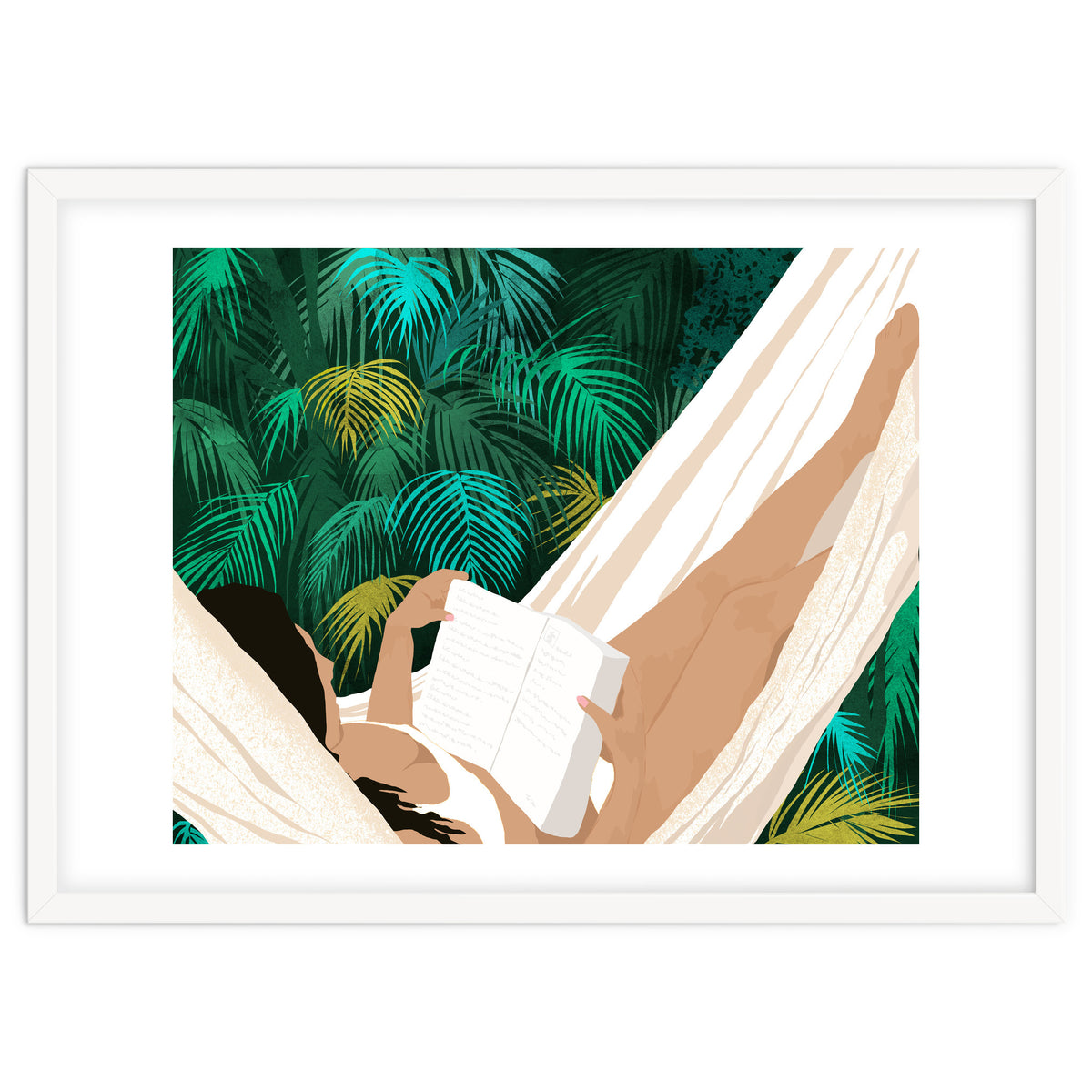 Summer Hammock Reading, Tropical Jungle Travel, Watercolor Nature Bohemian Forest Plants, Palm Beach