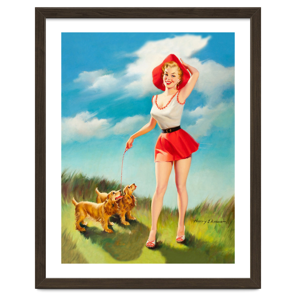 Pinup Girl In Little Red Dress And Two Dogs
