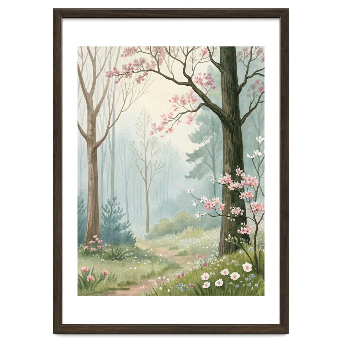 Enchanted Spring Woodland Path with Blooming Cherry Blossoms and Misty Pastel Forest Atmosphere