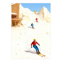 Skiing on Ice Cream Mountains, Miniature Skiers Winter Art Print for Kitchen Decor (Print Only)