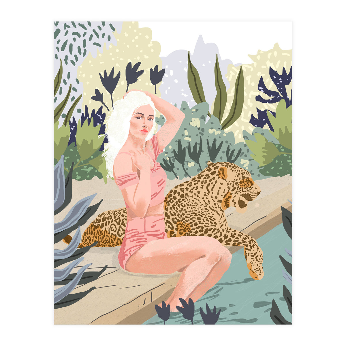 How to Train Your Leopard, Wild Cat Bohemian Woman Painting, Swimming Pool Bikini Summer Swim Animal (Print Only)