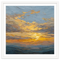 Atmospheric Golden Sunset Impasto Oil Painting Featuring Textured Clouds