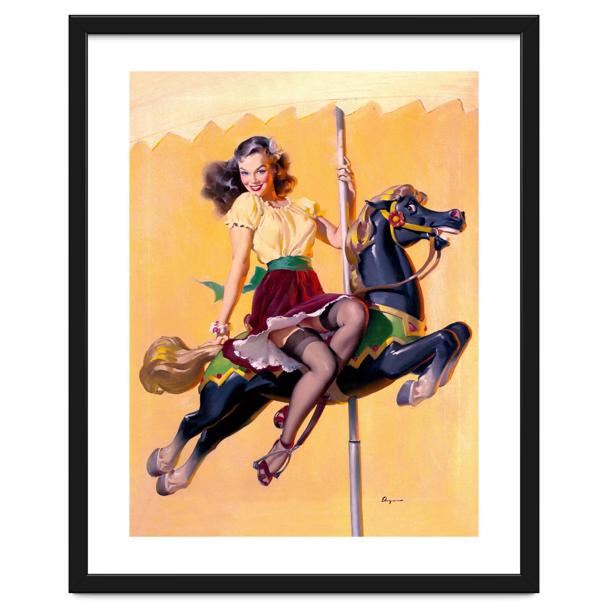 Pinup Sexy Girl Riding A Wooden Horse
