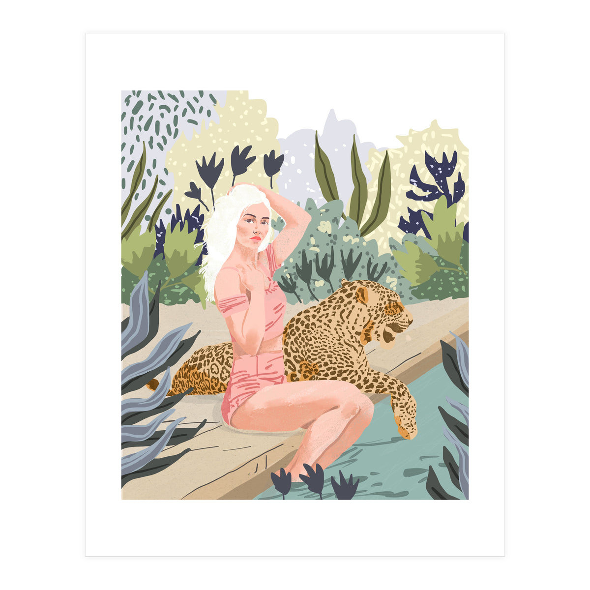 How to Train Your Leopard, Wild Cat Bohemian Woman Painting, Swimming Pool Bikini Summer Swim Animal (Print Only)