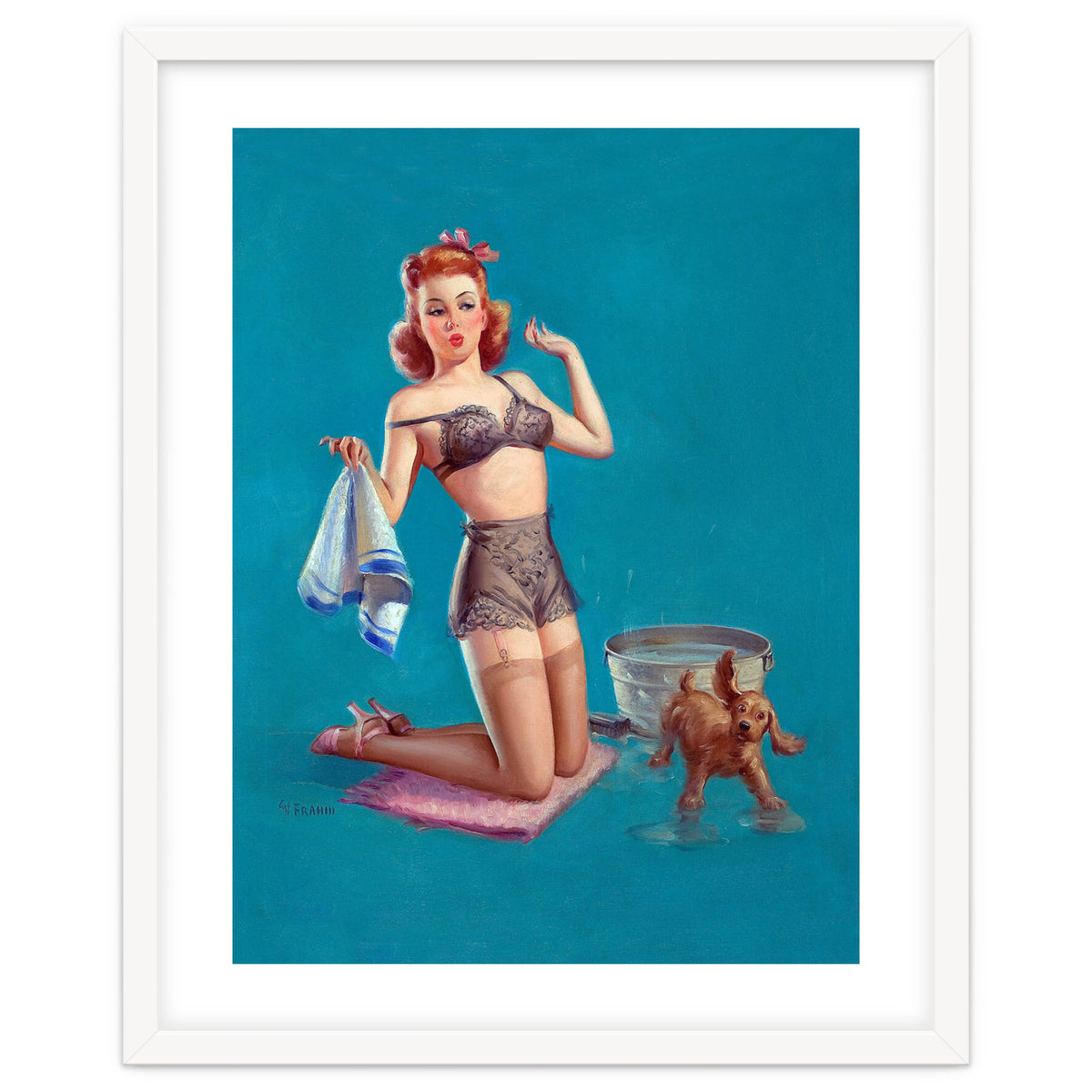 Pinup Girl Bathing A Dog