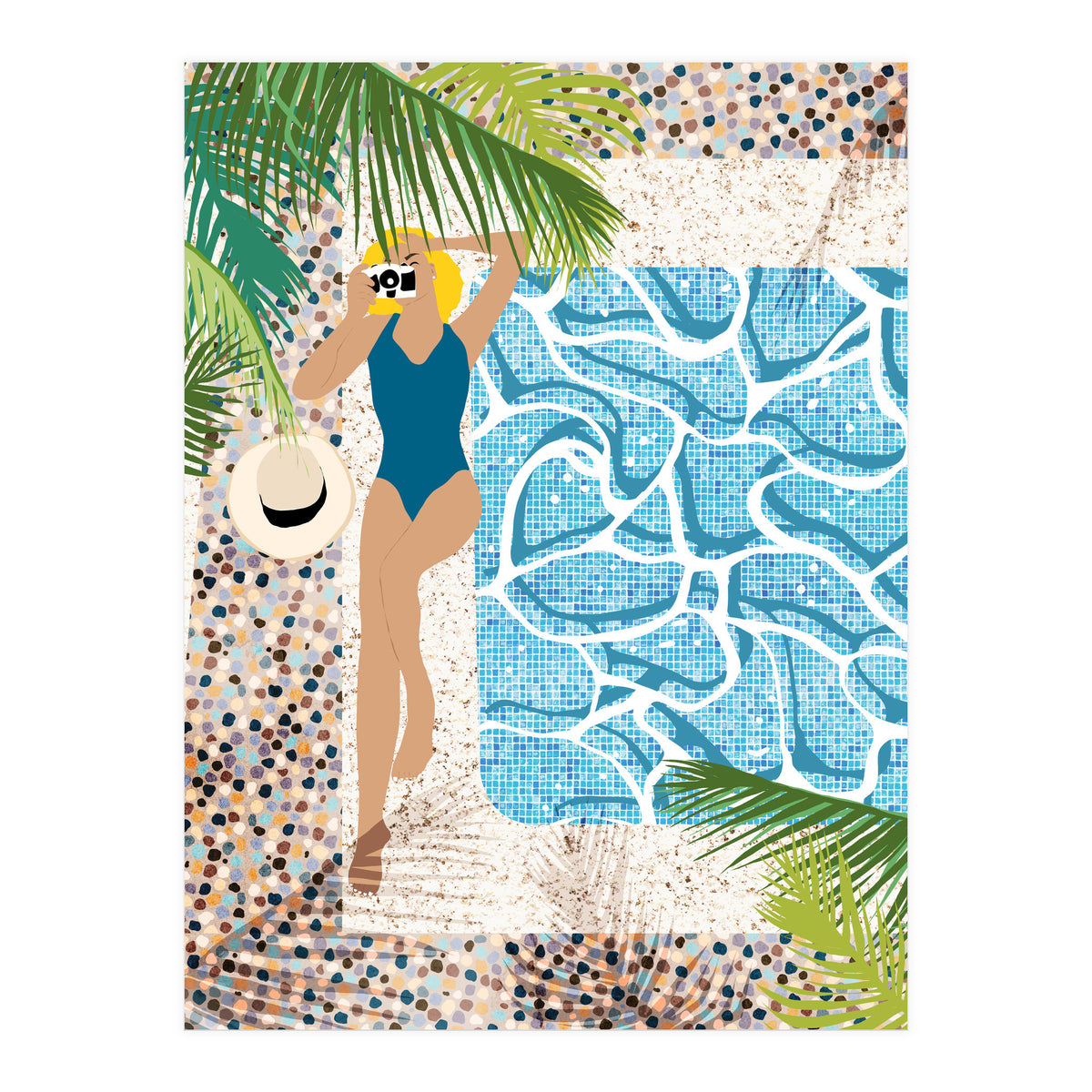 Click, Summer Travel Poolside Swim, Moroccan Tiles Staycation Vacation Holiday, Bohemian Woman Swimsuit Fashion Pose (Print Only)