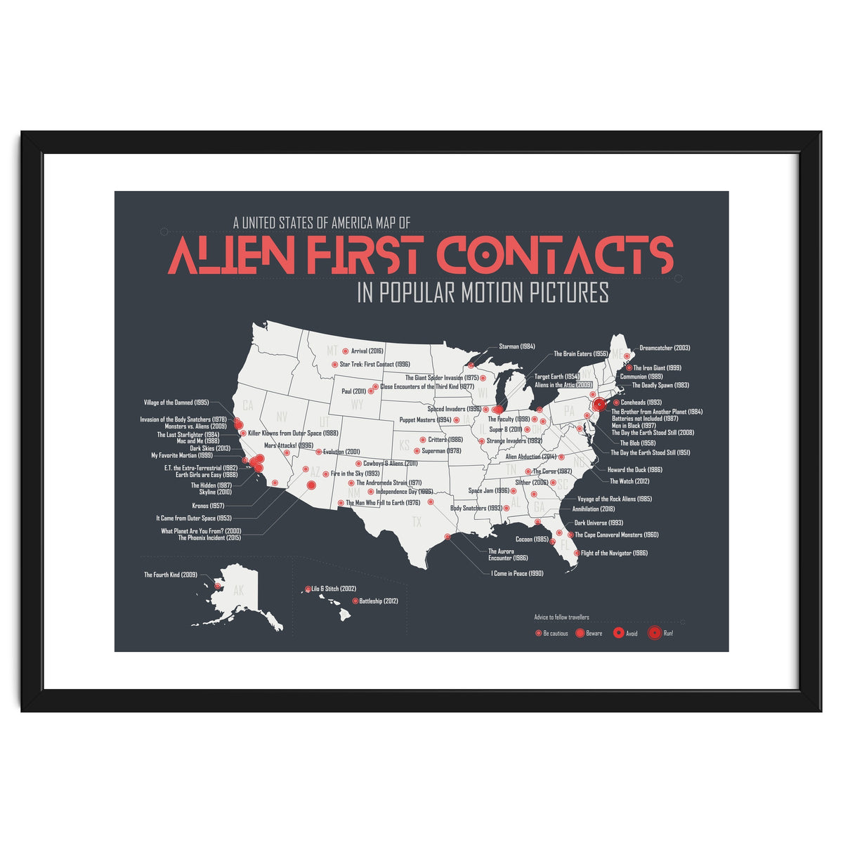 USA Map of Alien First Contacts in Movies
