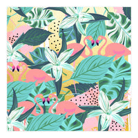Flamingo Tropical, Colorful Modern Bohemian Eclectic Jungle Graphic Design, Blush Forest Gold Floral (Print Only)