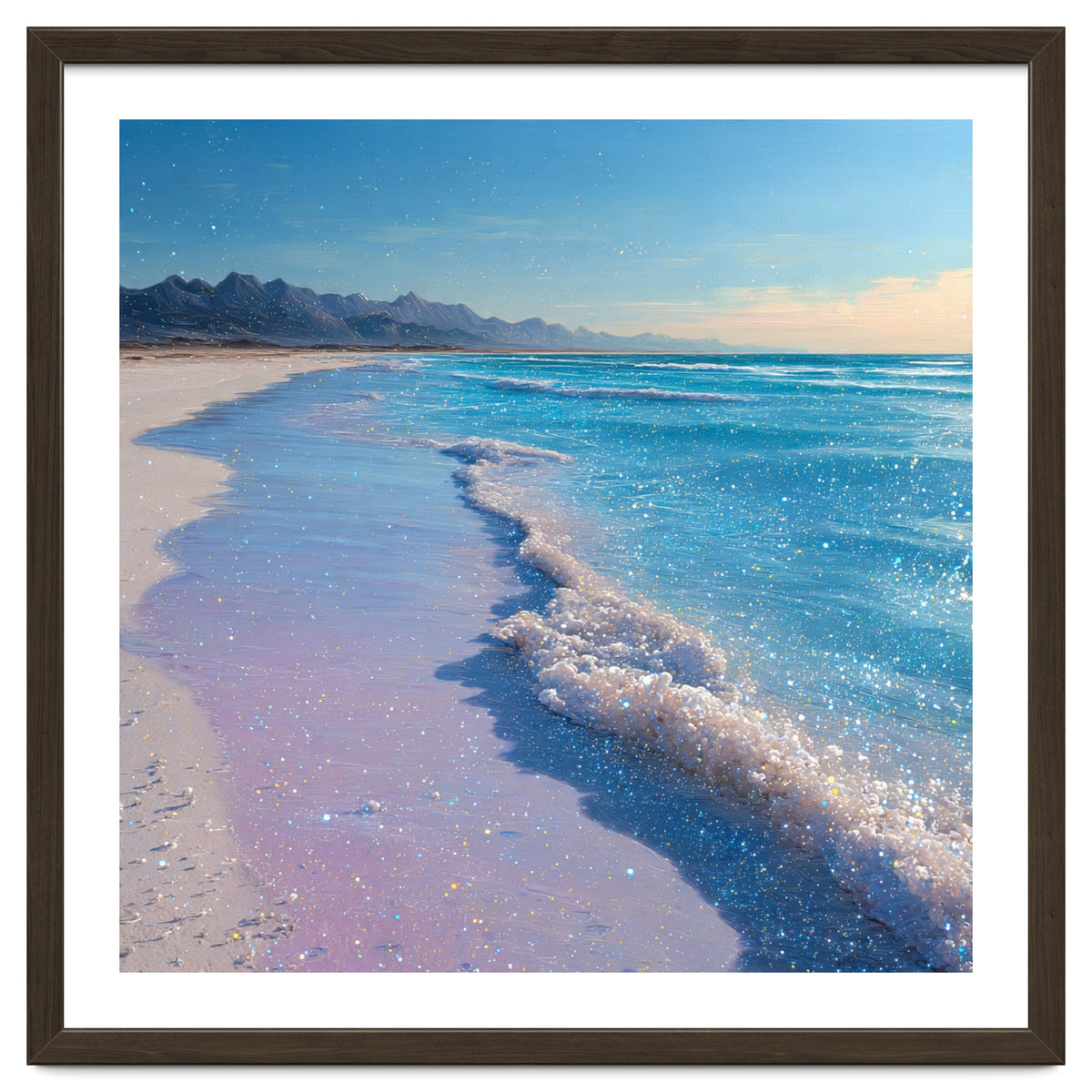 Sparkling Pastel Shoreline with Glittering Turquoise Waves