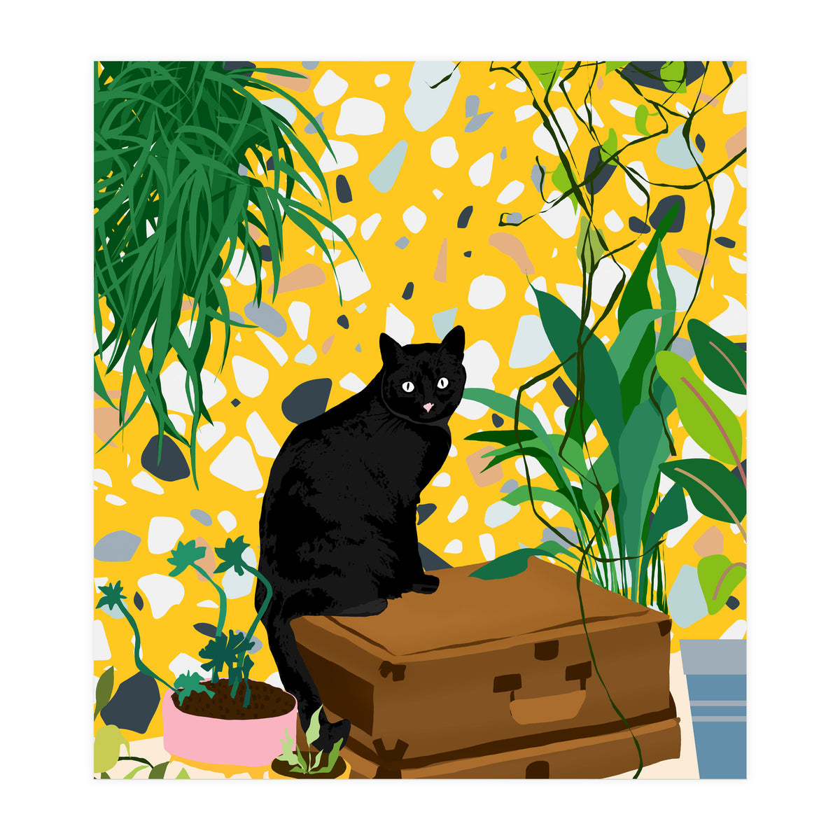 Urban Jungle Cat, Black Cats Pets Terrazzo Decor, Whimsical Bohemian Animals Illustration, Eclectic Quirky Travel (Print Only)
