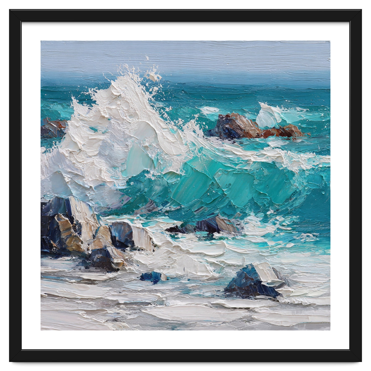 Dynamic Crashing Turquoise Ocean Wave Against Rugged Coastal Rocks