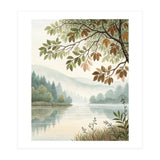Tranquil Lakeside Forest Watercolor Painting with Overhanging Autumn Branches and Misty Mountain Reflection (Print Only) thumbnail