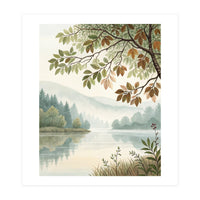Tranquil Lakeside Forest Watercolor Painting with Overhanging Autumn Branches and Misty Mountain Reflection (Print Only)