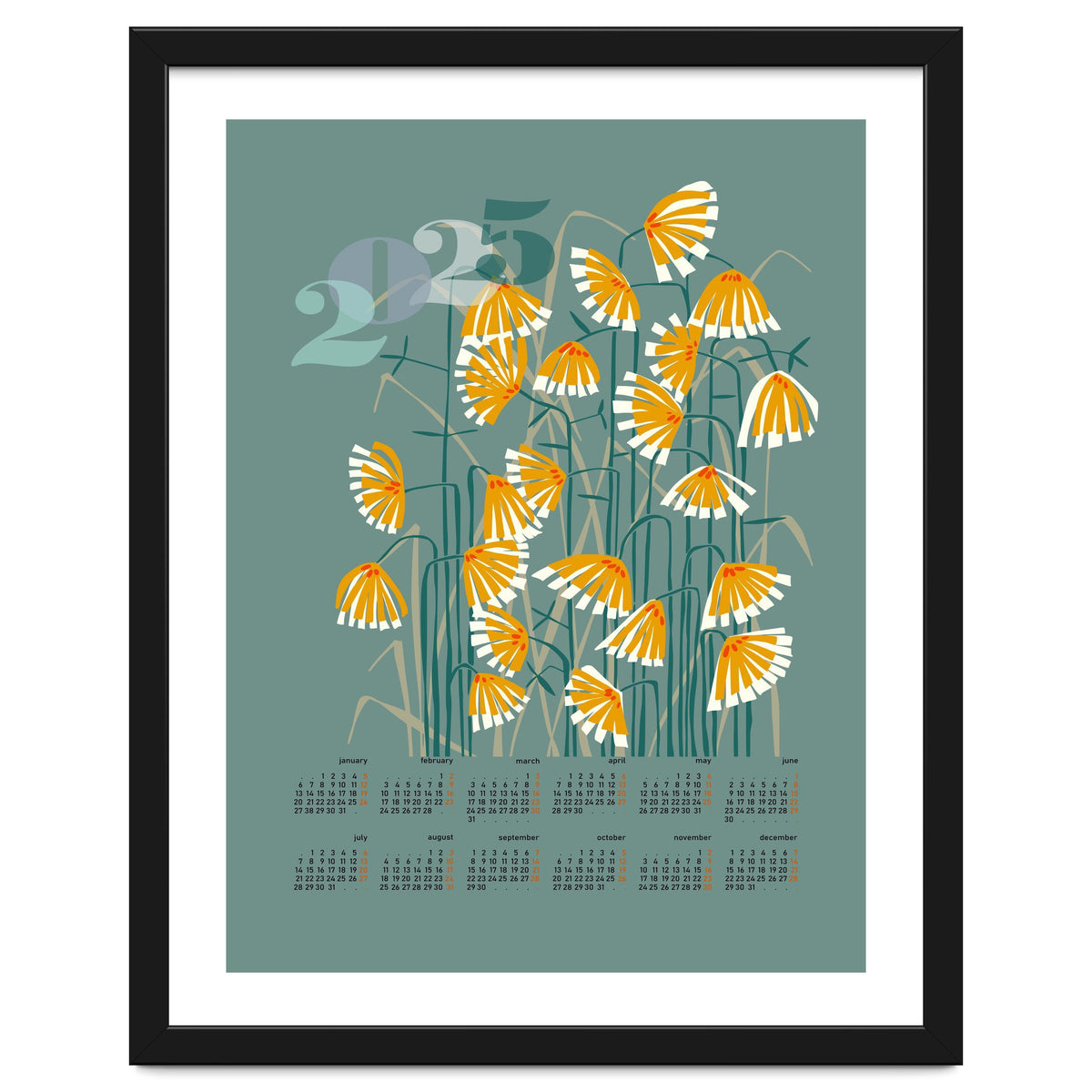 calendar 2025  linocut meadow green