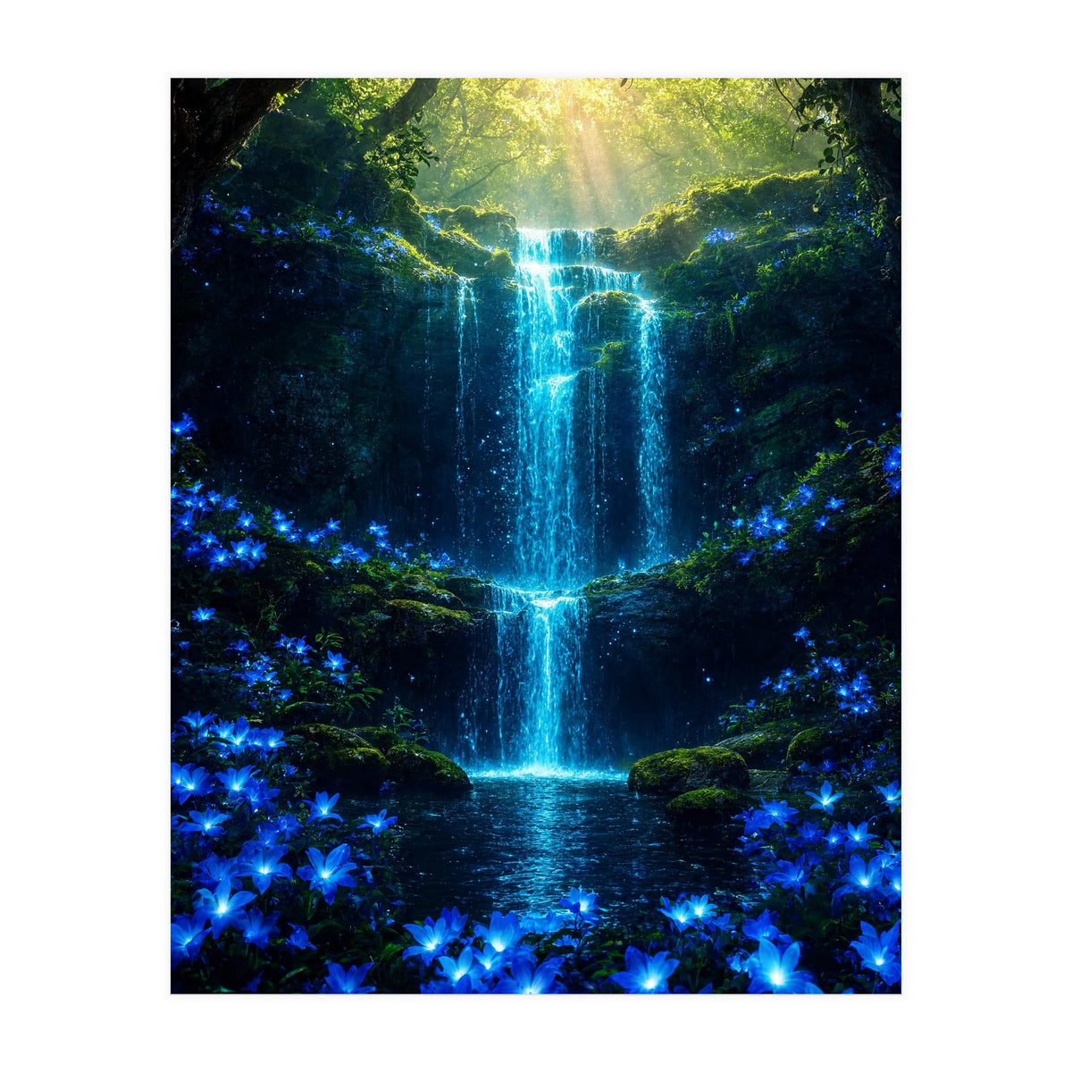 Ethereal Blue Waterfall: Magical Forest Oasis (Print Only)