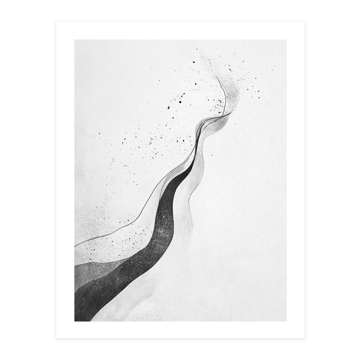 Abstract Black And White Ink Flowing Lines With Splatter (Print Only)