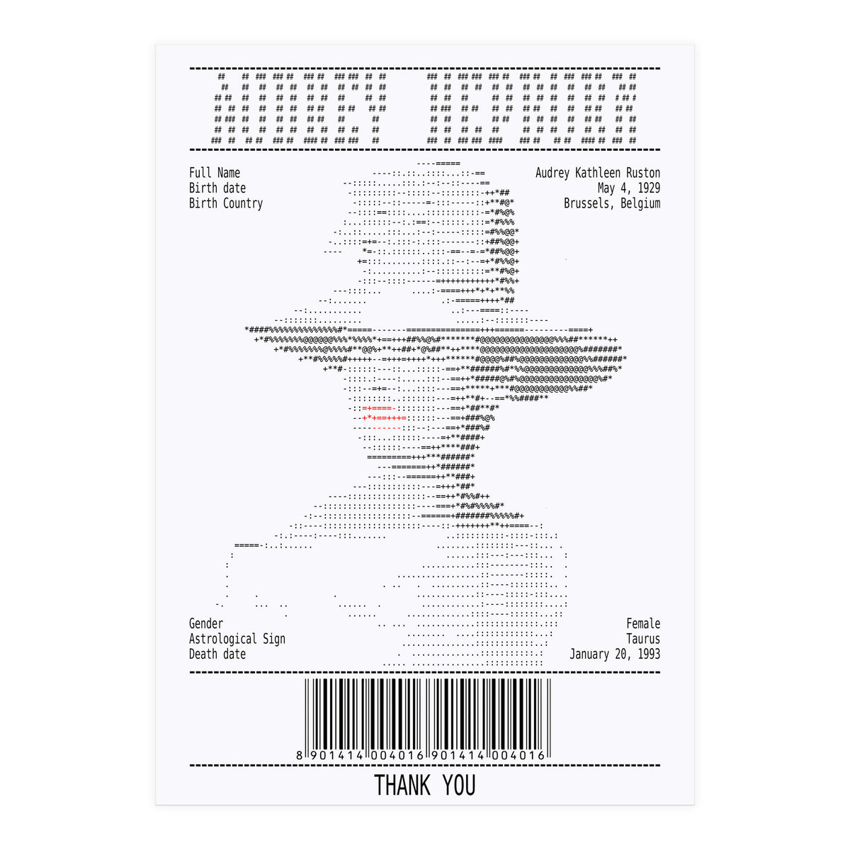 Receipt Art Audrey Hepburn (Print Only)