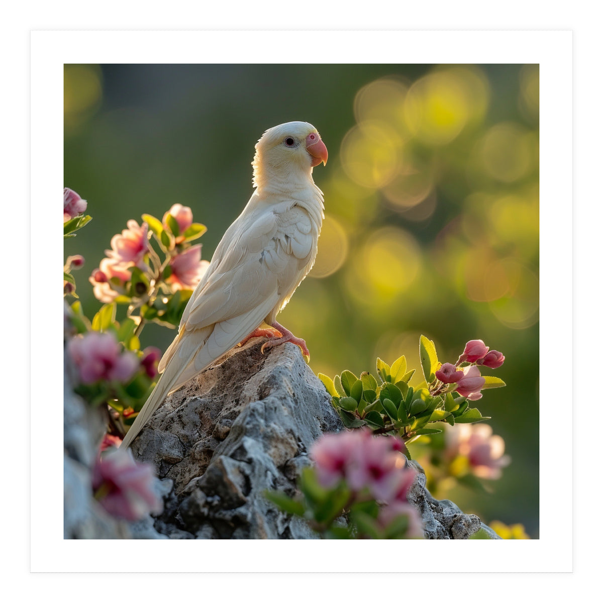 Albino Parrot Perched On A Rock Amongst Flowers (Print Only)