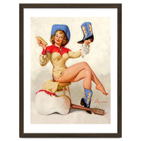 Pinup Sexy Cowgirl Cleaning Her Boots