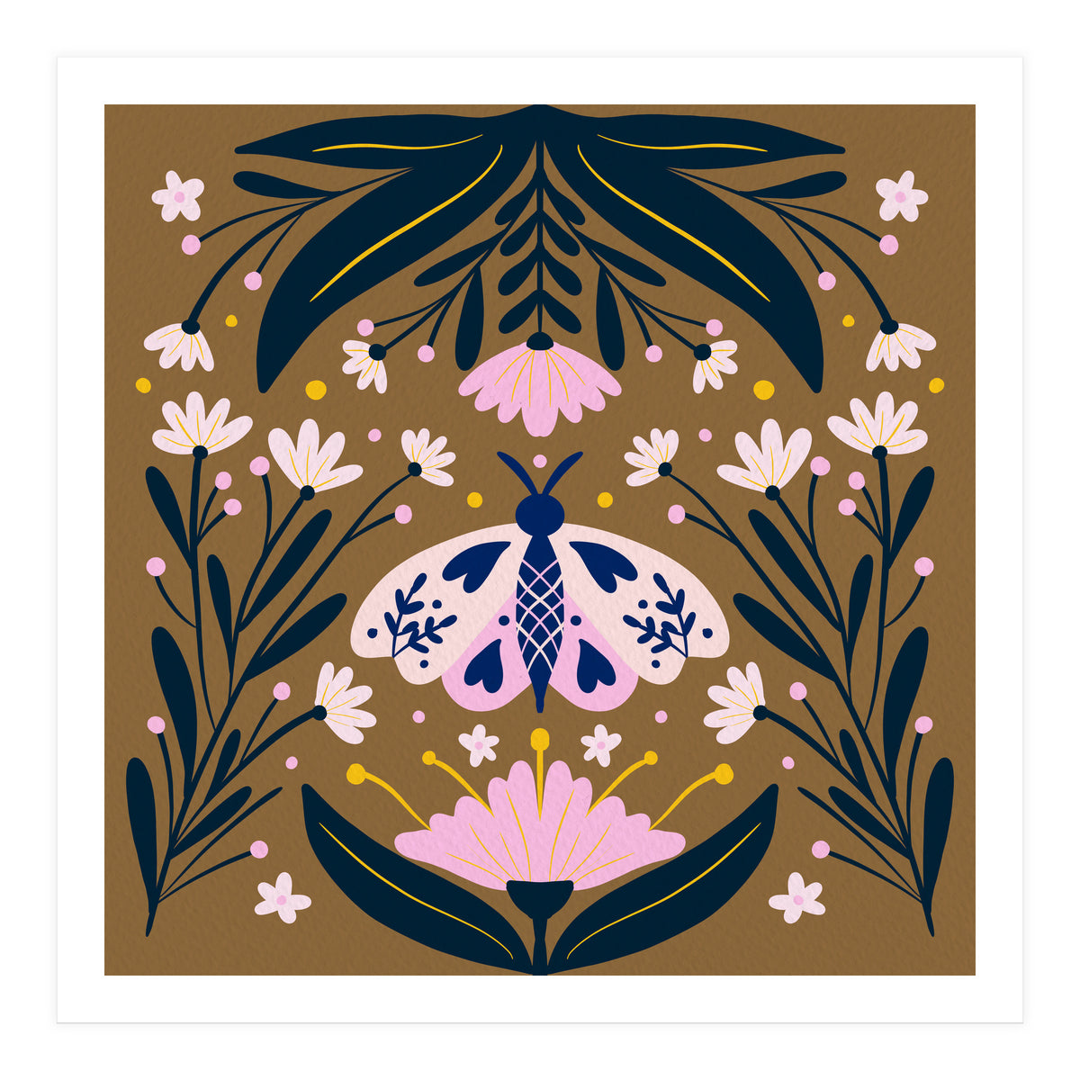Pink Moth with Flowers on a brown background (Print Only)