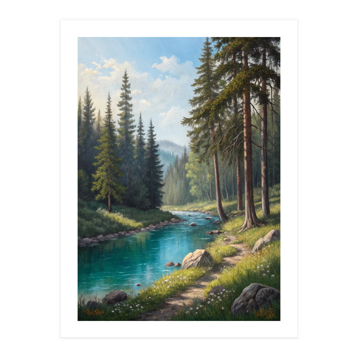 Serene Alpine Forest River Landscape (Print Only)