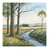 Pastoral Countryside Watercolor Painting with Winding Stream Meadows and Deciduous Trees Landscape (Print Only) thumbnail