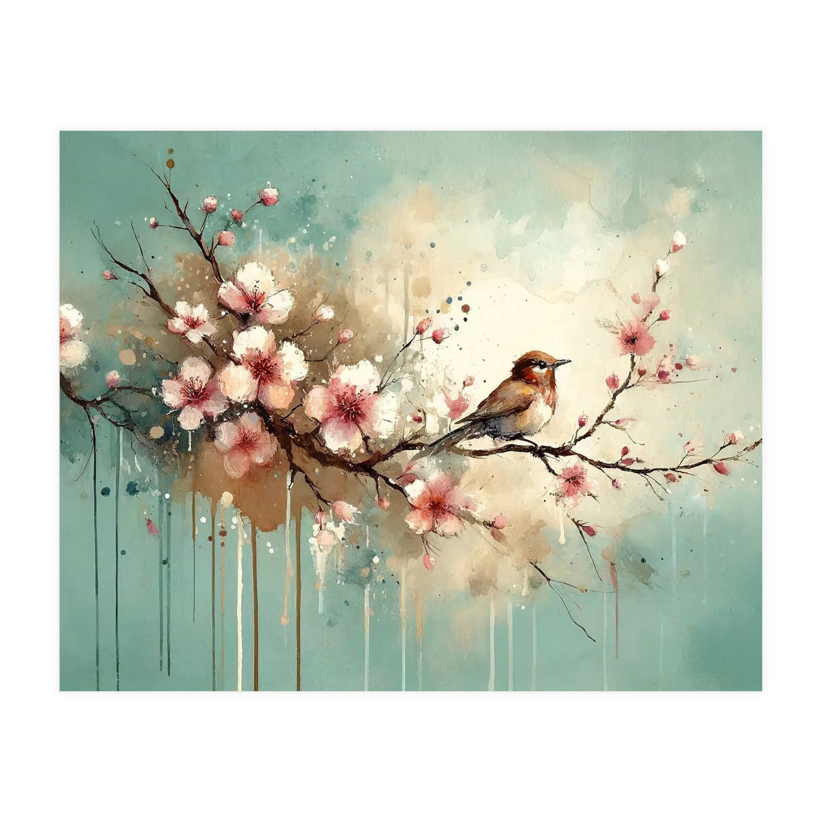 Bird Resting On Cherry Blossom Branch (Print Only)