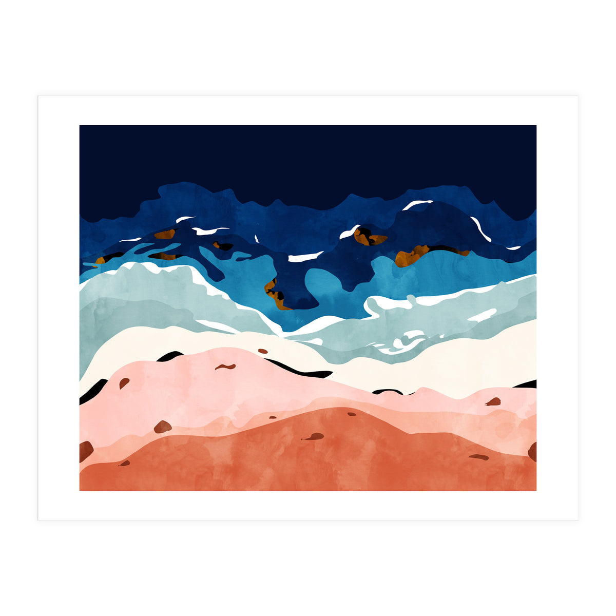 Ocean Heart, Abstract Sea Waves, Tropical Travel Watercolor Painting, Eclectic Bohemian Beach Nature (Print Only)