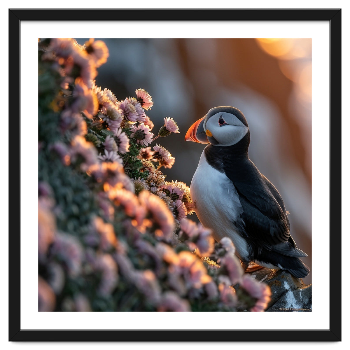 Puffin Bird On Rocks Near Pink Flowers At Sunset
