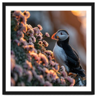 Puffin Bird On Rocks Near Pink Flowers At Sunset