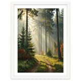 The Golden Path: Ethereal Sunbeams Piercing Through a Misty Evergreen Forest at Dawn thumbnail