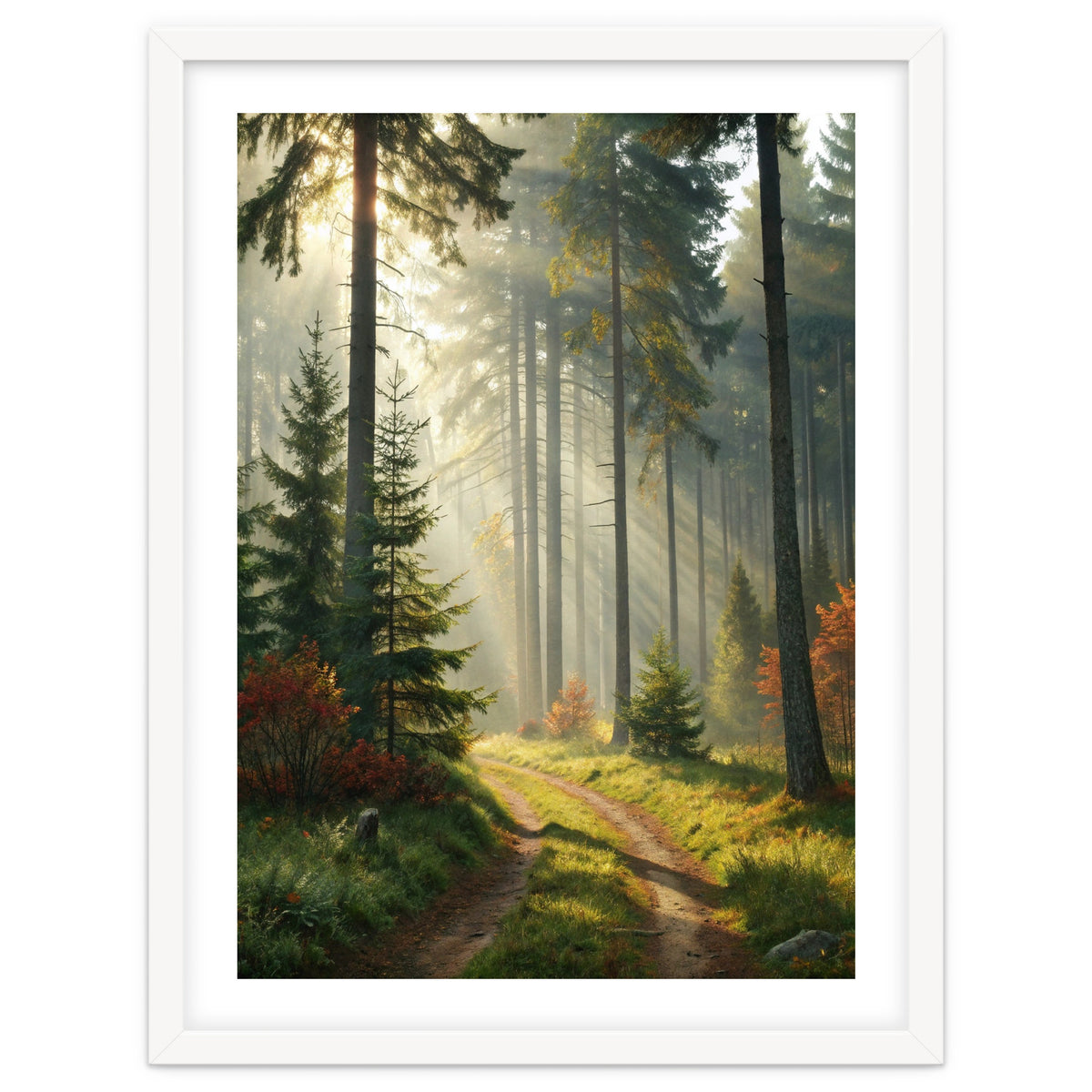 The Golden Path: Ethereal Sunbeams Piercing Through a Misty Evergreen Forest at Dawn