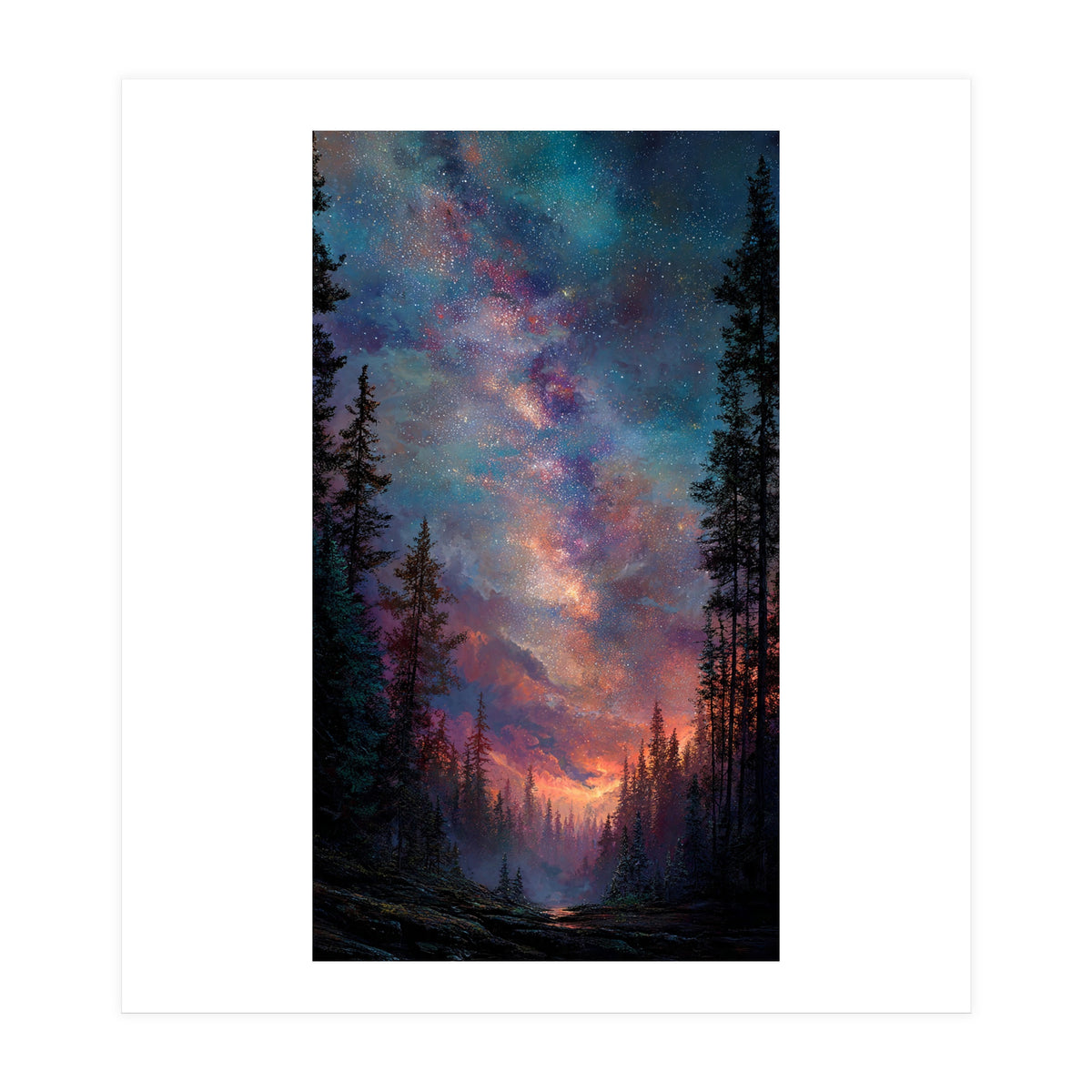 Magical Milky Way Night Sky over Pine Forest Silhouette Art (Print Only)