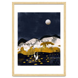 Midnight Lake, Stork Wildlife Animals Abstract Painting, Nature Landscape Travel Adventure Full Moon Night, Eclectic Gold Birds Magical Bohemian thumbnail