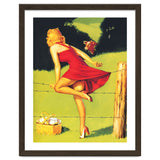 Pinup Girl In Red Dress Crossing The Barbed Wire While Looking At The Bull thumbnail