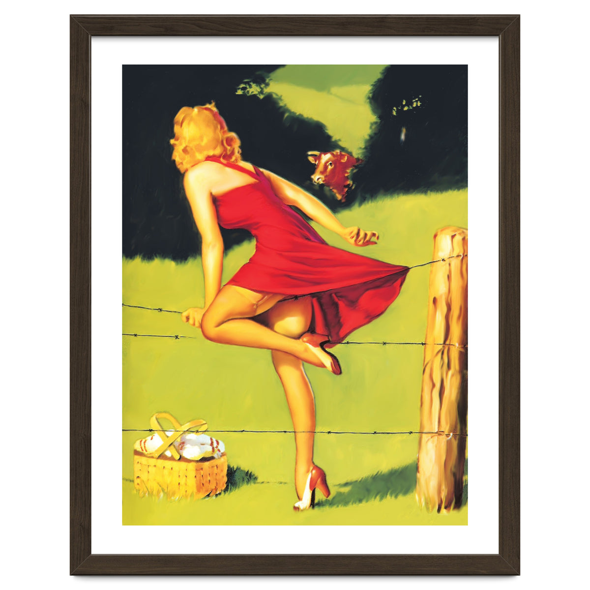 Pinup Girl In Red Dress Crossing The Barbed Wire While Looking At The Bull