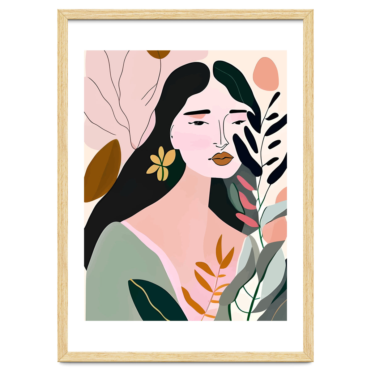 Reinvent, Beautiful Woman Girl Pastel Line Art, Minimal Botanical Nature Portrait, Modern Bohemian Drawing Nomadic Summer Self Love