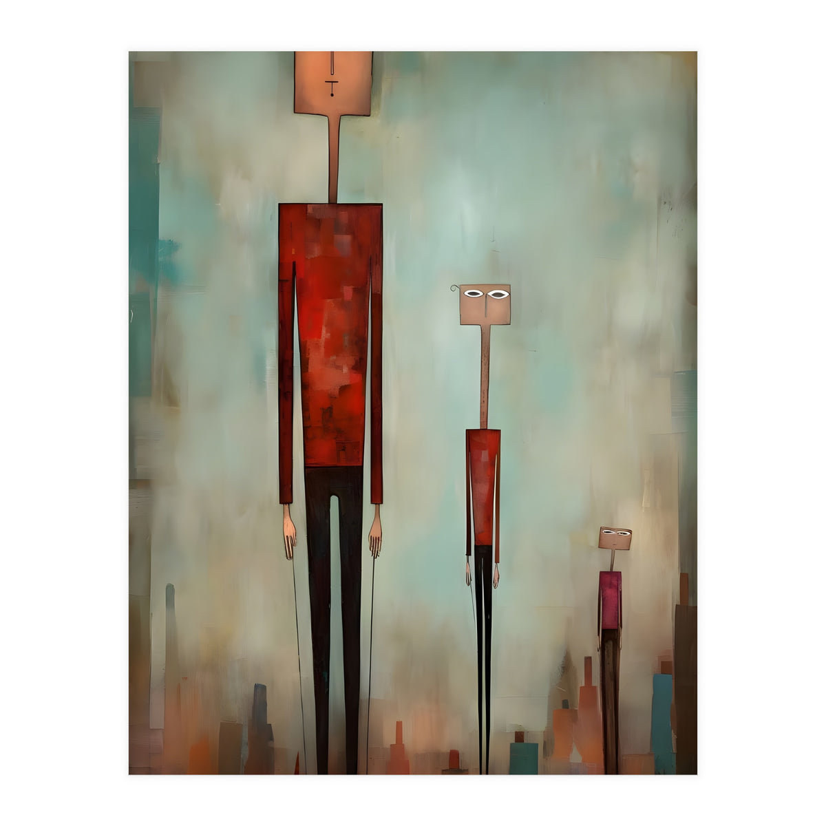 CITY HEIGHTS, three human-like forms of differing heights loom over the city below. (Print Only)