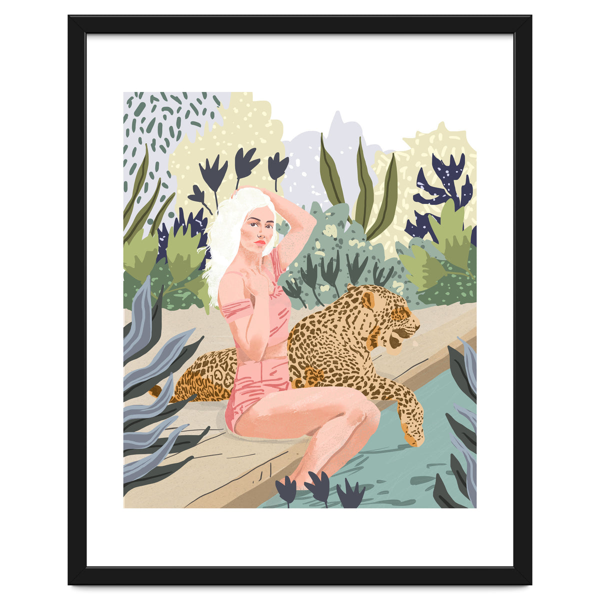 How to Train Your Leopard, Wild Cat Bohemian Woman Painting, Swimming Pool Bikini Summer Swim Animal