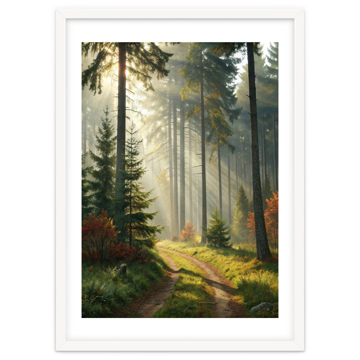 The Golden Path: Ethereal Sunbeams Piercing Through a Misty Evergreen Forest at Dawn