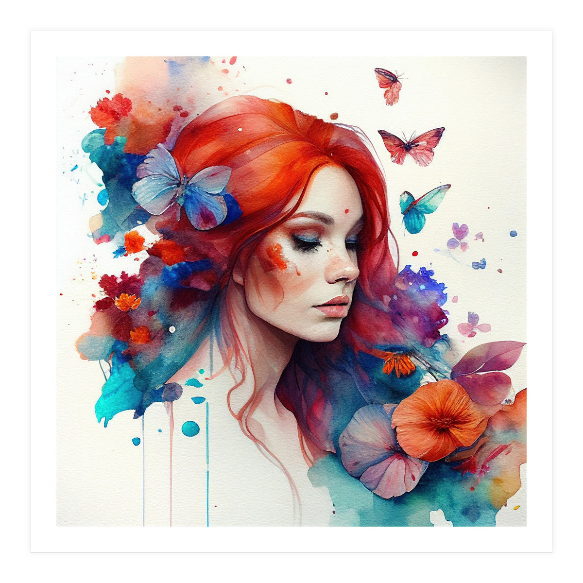 Watercolor Floral Red Hair Woman #4 (Print Only)
