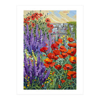 Vibrant Summer Poppy and Lavender Garden Oil Painting (Print Only)