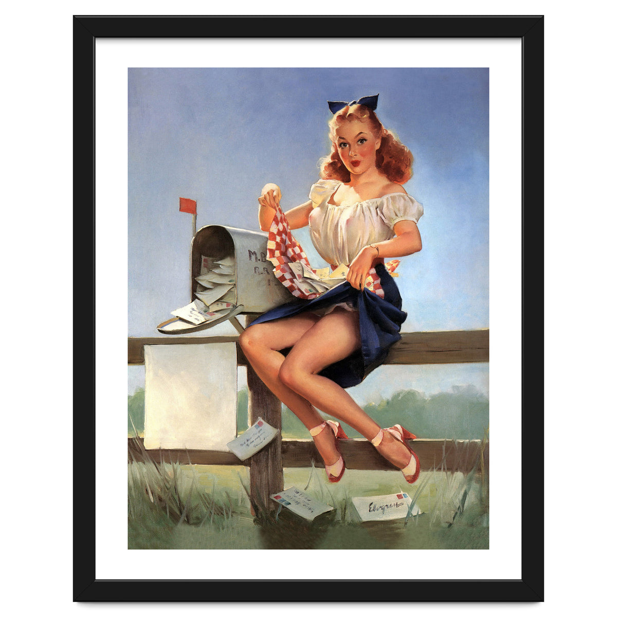 Countryside Pinup Girl Posing On A Fence With Love Letters And A Full Mailbox