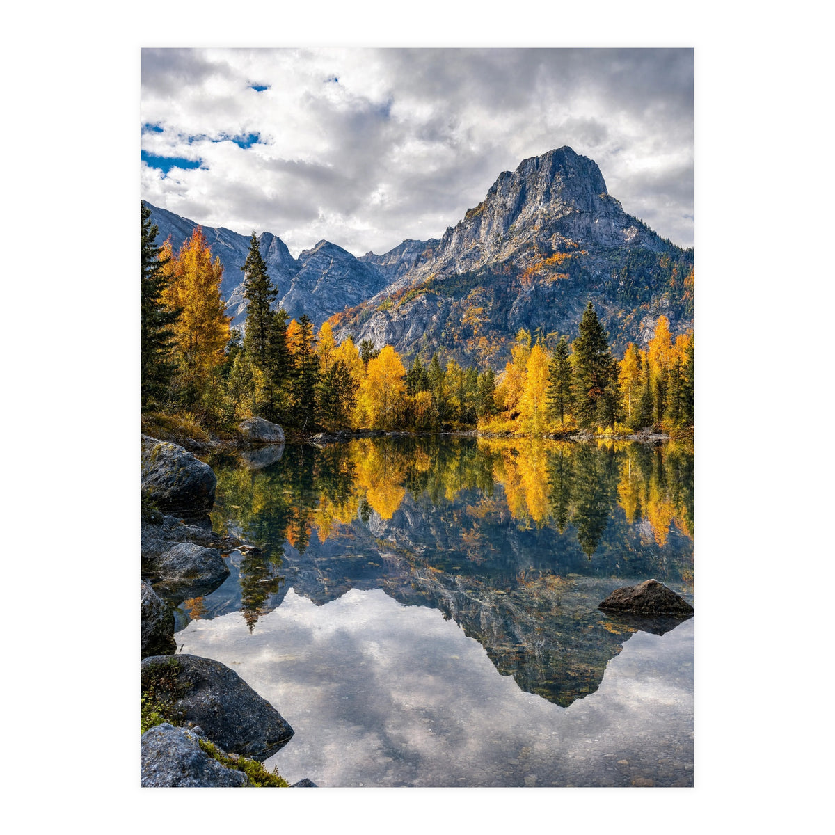 Golden Autumn Reflection: Majestic Mountain Wilderness Landscape (Print Only)