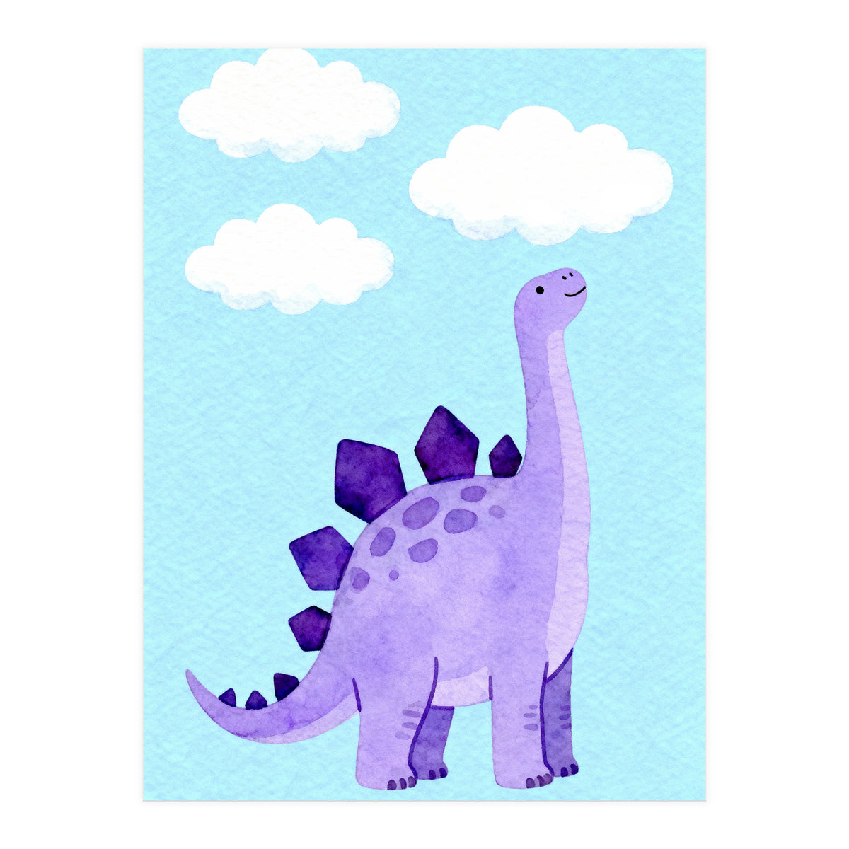 Purple Stegosaurus Watercolor Art, Cute Dinosaur Nursery Print, Dino and Clouds Illustration (Print Only)