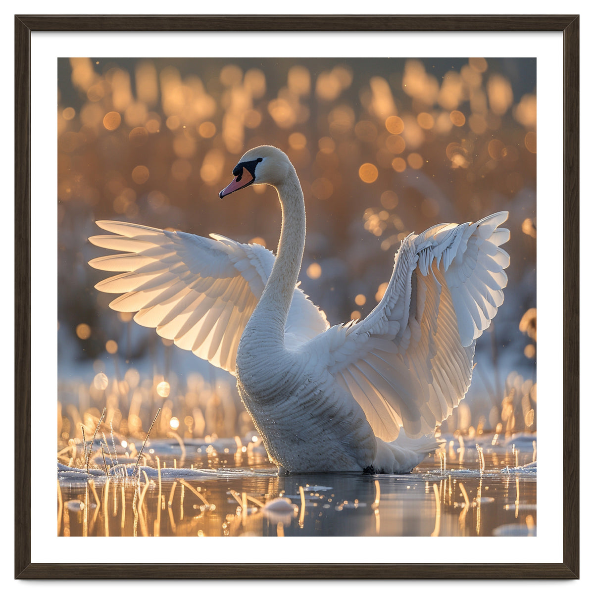 Swan Spreading Wings In Water Sunlight